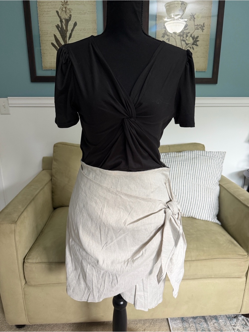 Neutral Asymmetrical Tie-Side Skirt - Beige